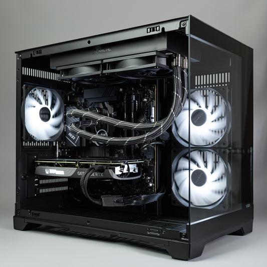 High-performance workstation PC with AMD Ryzen 5 7500F and GeForce RTX 5070 Ti, ideal for video editing and 3D modeling.