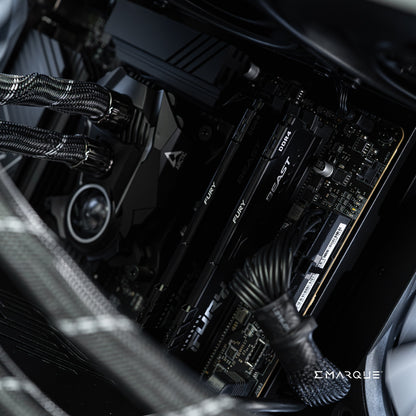 Interior of EMARQUE workstation with AMD Ryzen 7 9700X and Kingston FURY Beast RAM, optimized for performance and productivity.