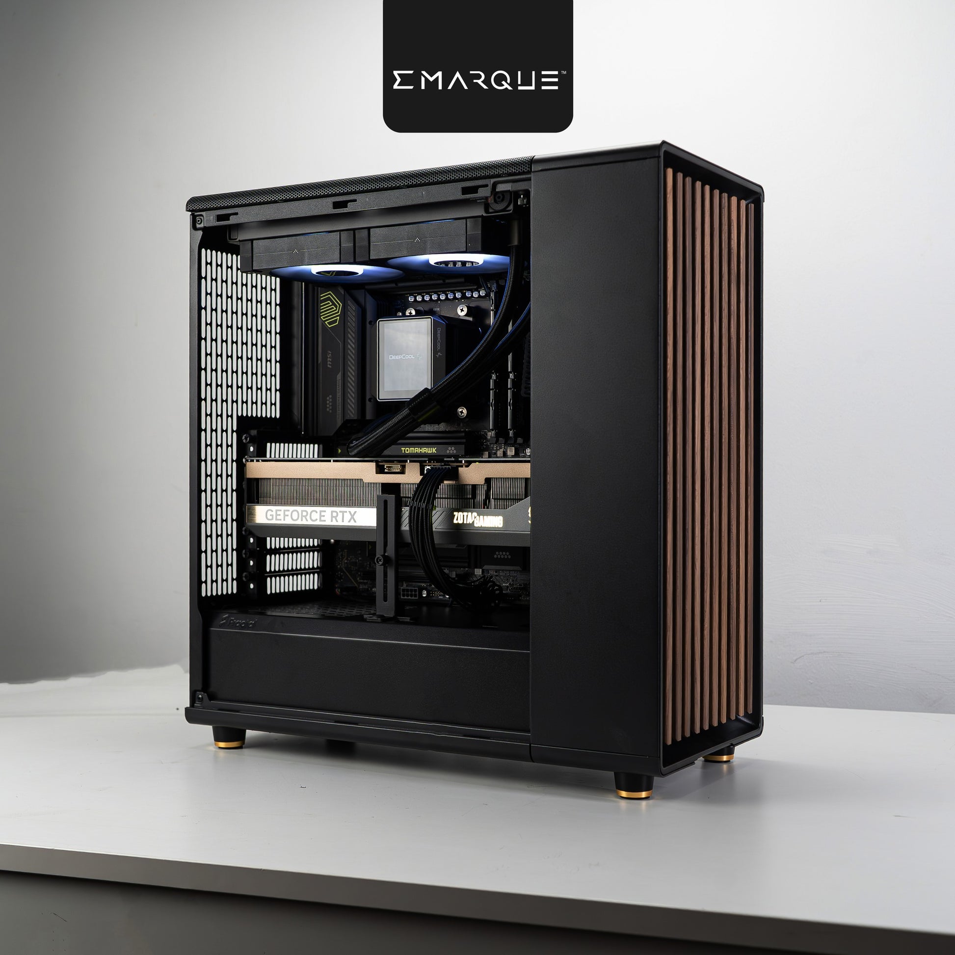 AMD Ryzen 7 9800X3D PC build with GeForce RTX 5070 Ti in Fractal Design North Charcoal Black case, shown on a desk.