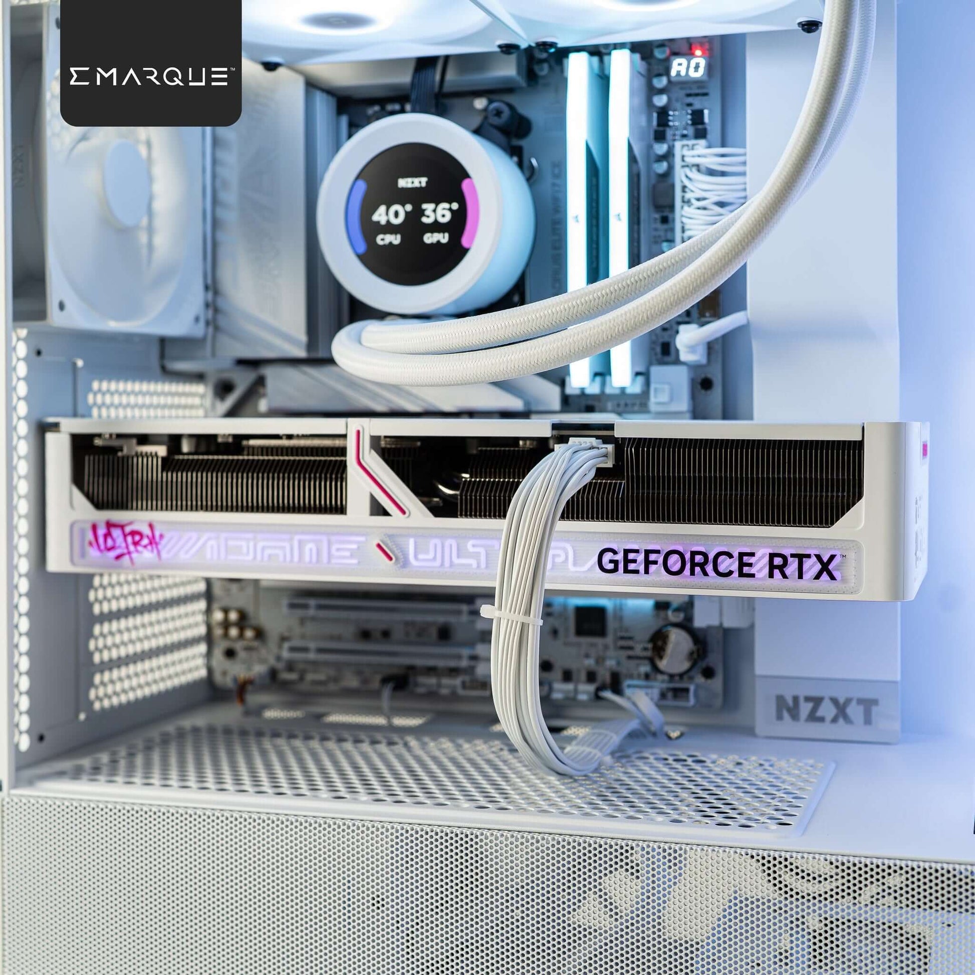 Interior view of EMARQUE x NZXT CLOUD WHITE Gaming PC with GeForce RTX 5080 graphics card