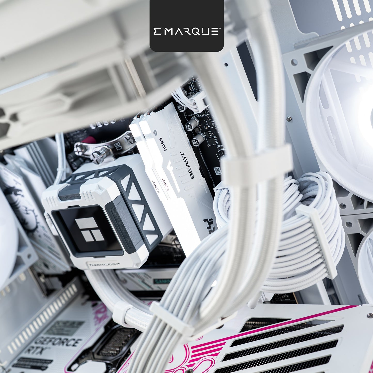 Detailed view of Tecware VXN Evo casing with AMD Ryzen 5 and GeForce RTX 5070 components, including white cables and RGB features.