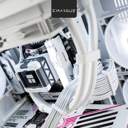 Detailed view of Tecware VXN Evo casing with AMD Ryzen 5 and GeForce RTX 5070 components, including white cables and RGB features.