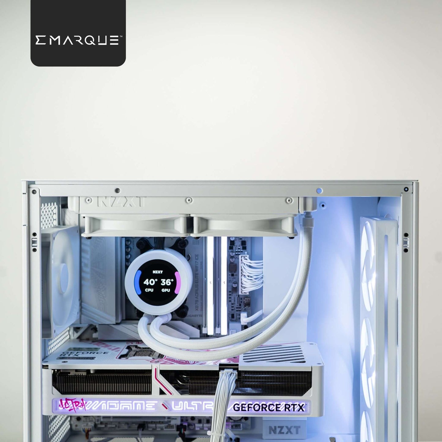 EMARQUE x NZXT gaming PC with AMD Ryzen 7 9800X3D and NVIDIA GeForce RTX 5080, showcasing advanced cooling and design.