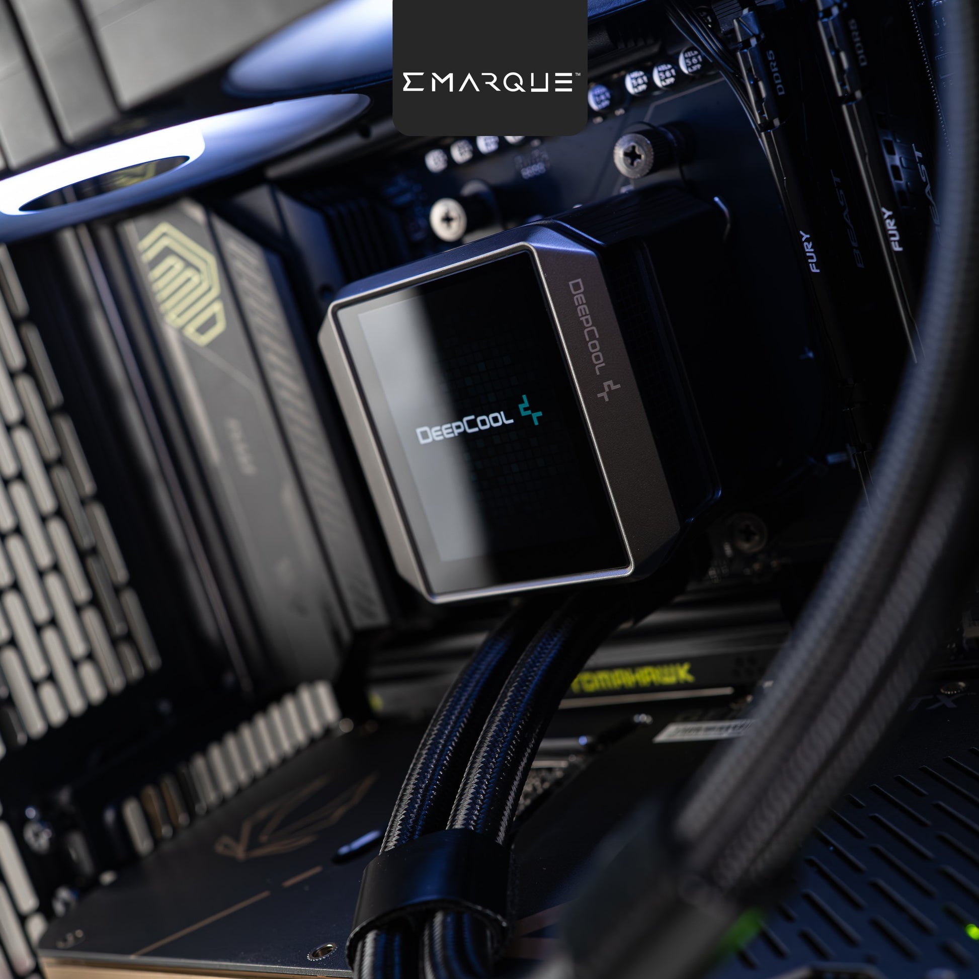 Close-up of DeepCool cooling system inside a high-performance PC build with ASUS components, ideal for gaming setups.