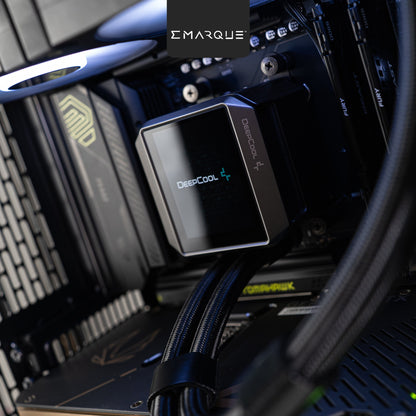 Close-up of DeepCool cooling system inside a high-performance PC build with ASUS components, ideal for gaming setups.