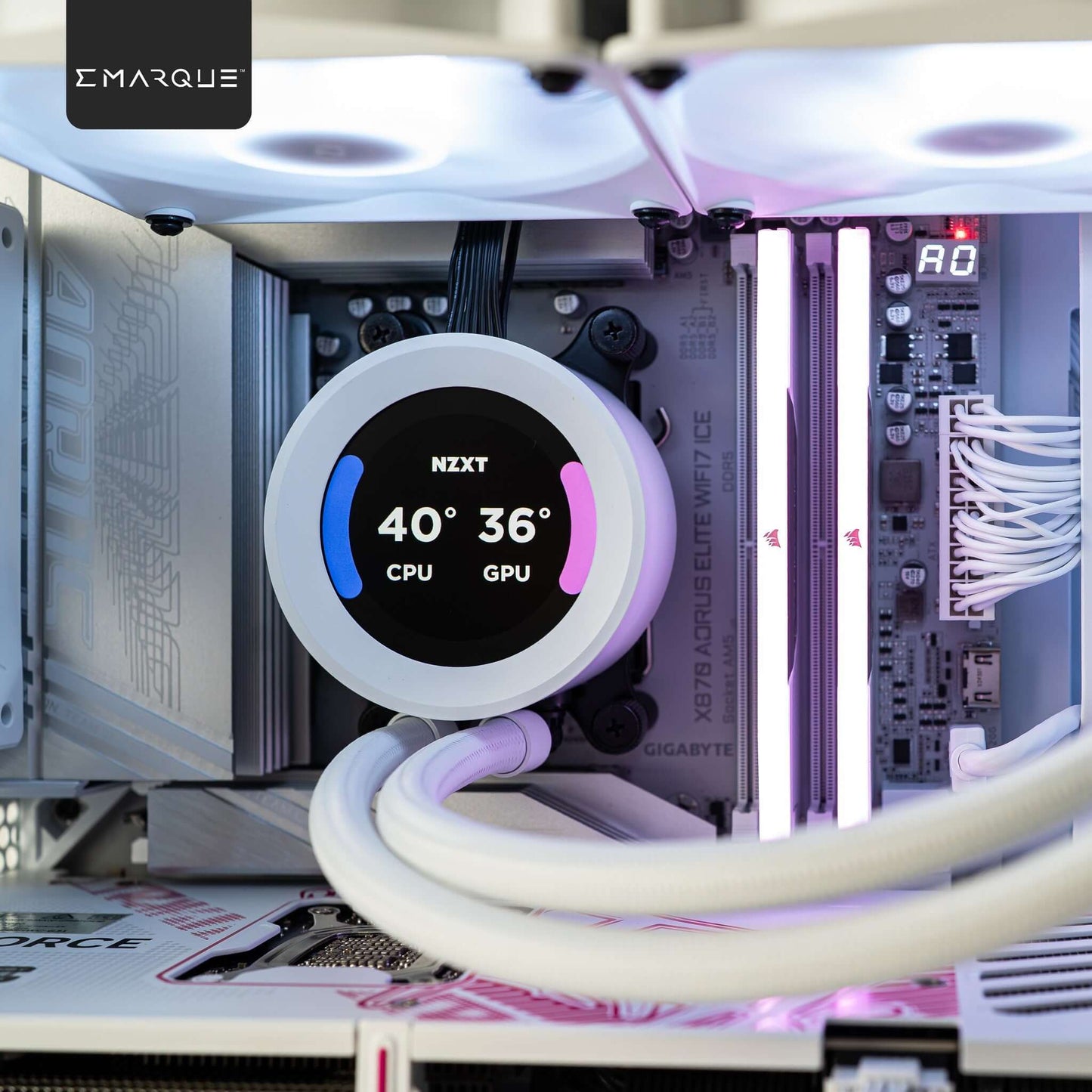 Gaming PC interior with NZXT cooler and RGB lighting showcasing CPU and GPU temperatures.