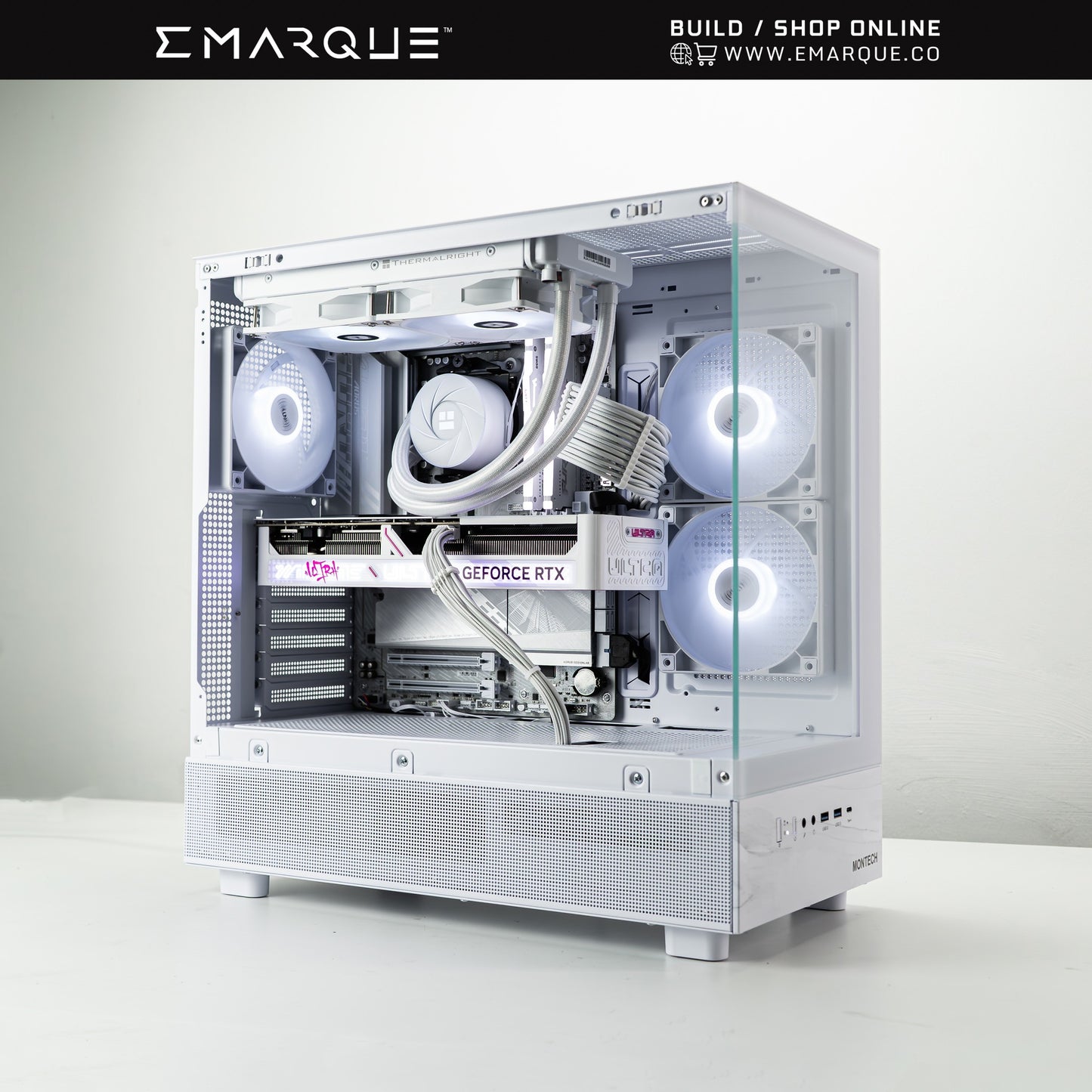XT White Gaming PC with AMD Ryzen 7 7800X3D, GeForce RTX 5070, and ARGB cooling system in a Montech XR ATX case.