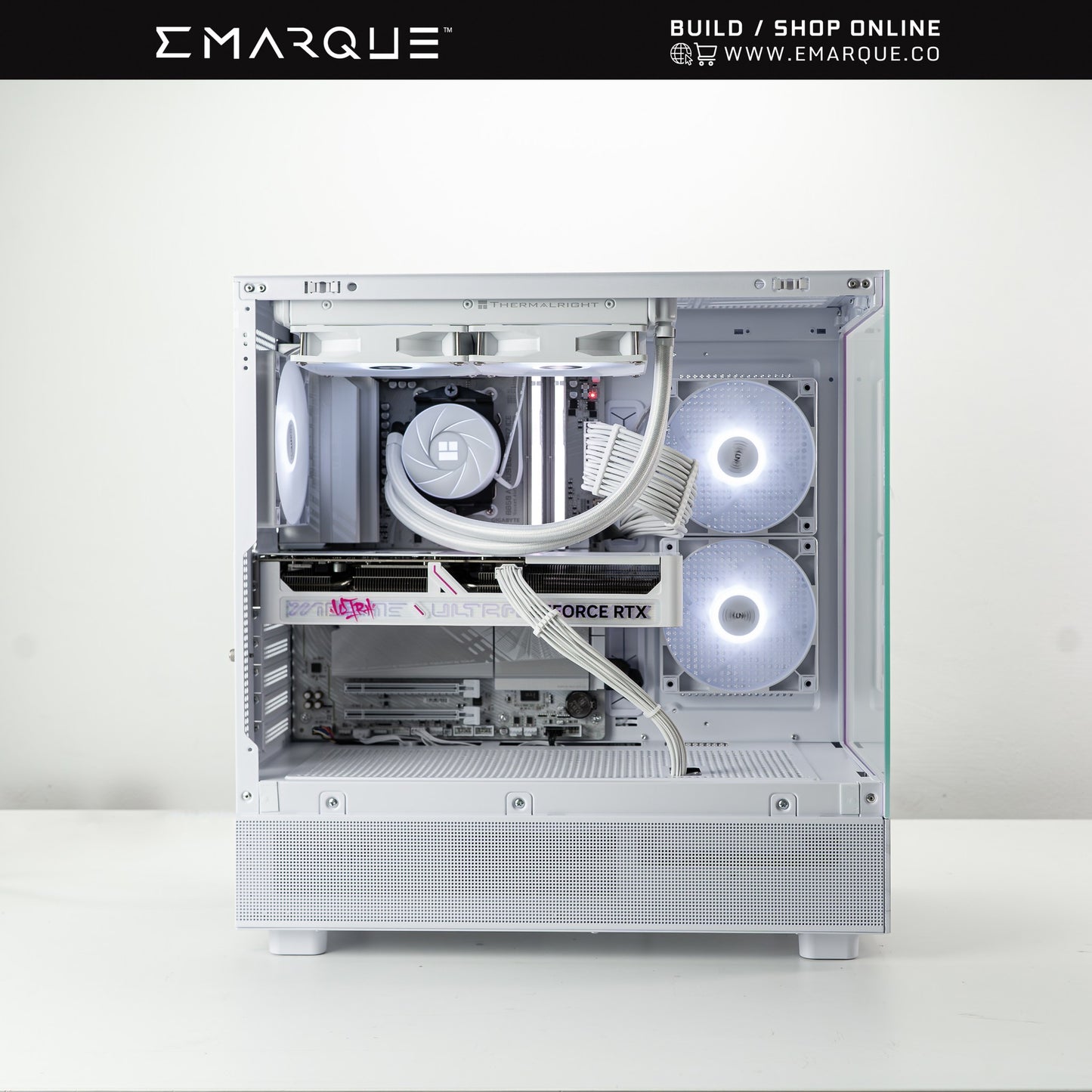 XT White gaming PC with Ryzen 7 7800X3D CPU, GeForce RTX 5070 GPU, 32GB RAM, 1TB SSD in Montech XR ATX case, front view.