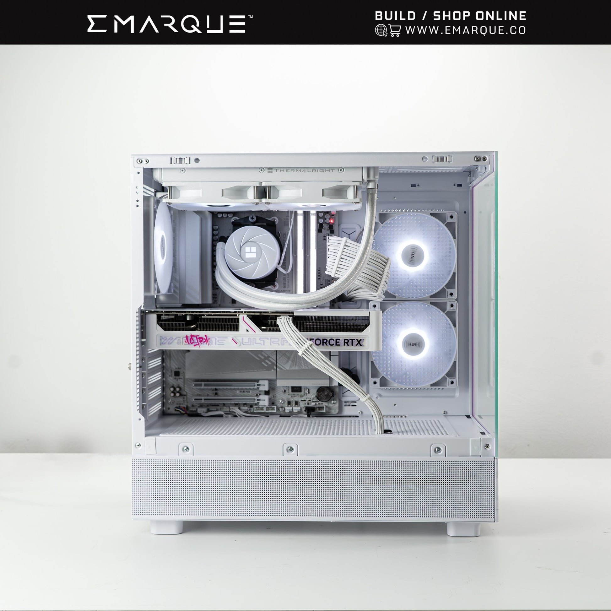 XT White gaming PC with Ryzen 7 7800X3D CPU, GeForce RTX 5070 GPU, 32GB RAM, 1TB SSD in Montech XR ATX case, front view.