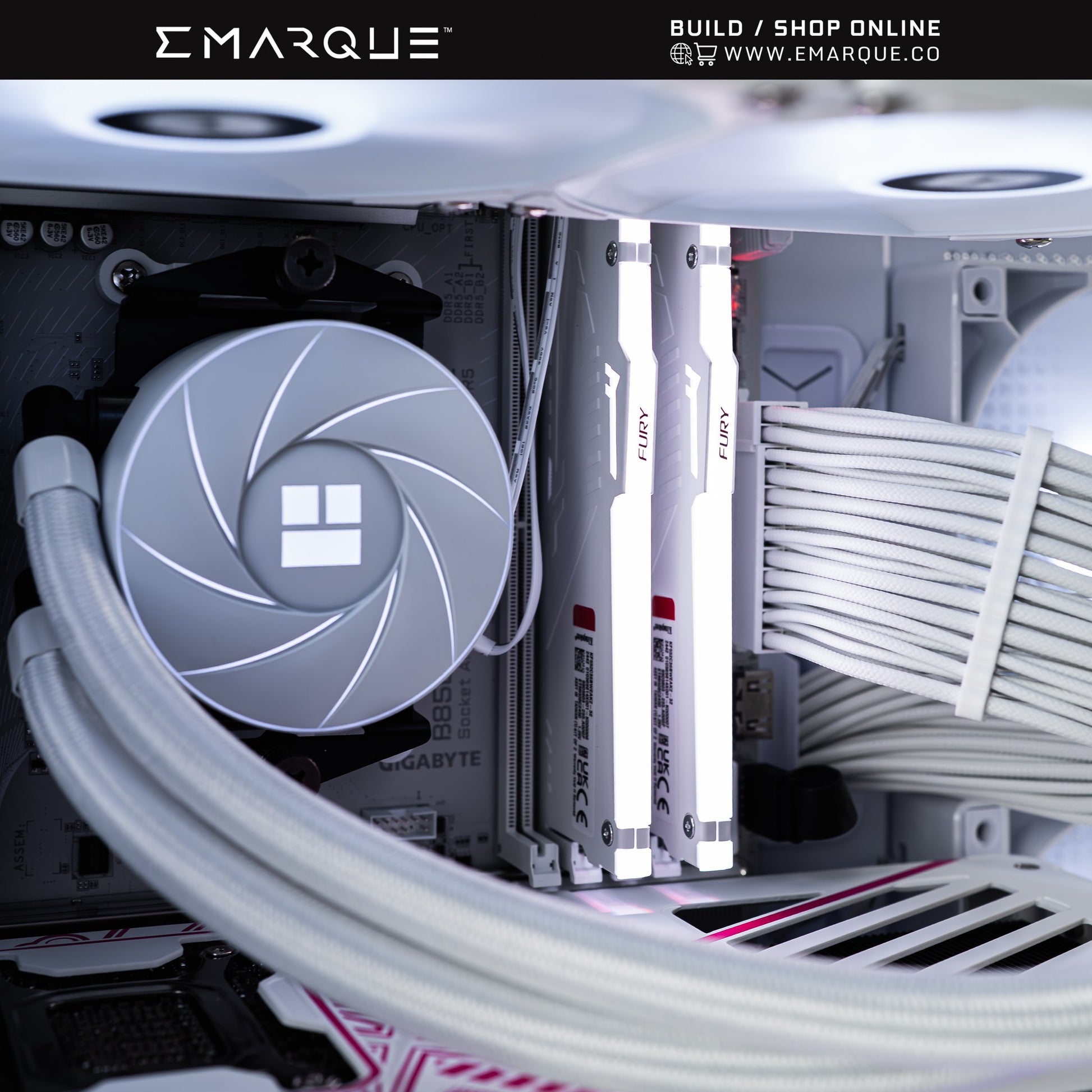 Gaming PC interior with GIGABYTE MOBO, KINGSTON FURY BEAST RGB RAM, and AQUA ELITE AIO cooler in a white MONTECH XR ATX case.