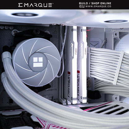 Gaming PC interior with GIGABYTE MOBO, KINGSTON FURY BEAST RGB RAM, and AQUA ELITE AIO cooler in a white MONTECH XR ATX case.