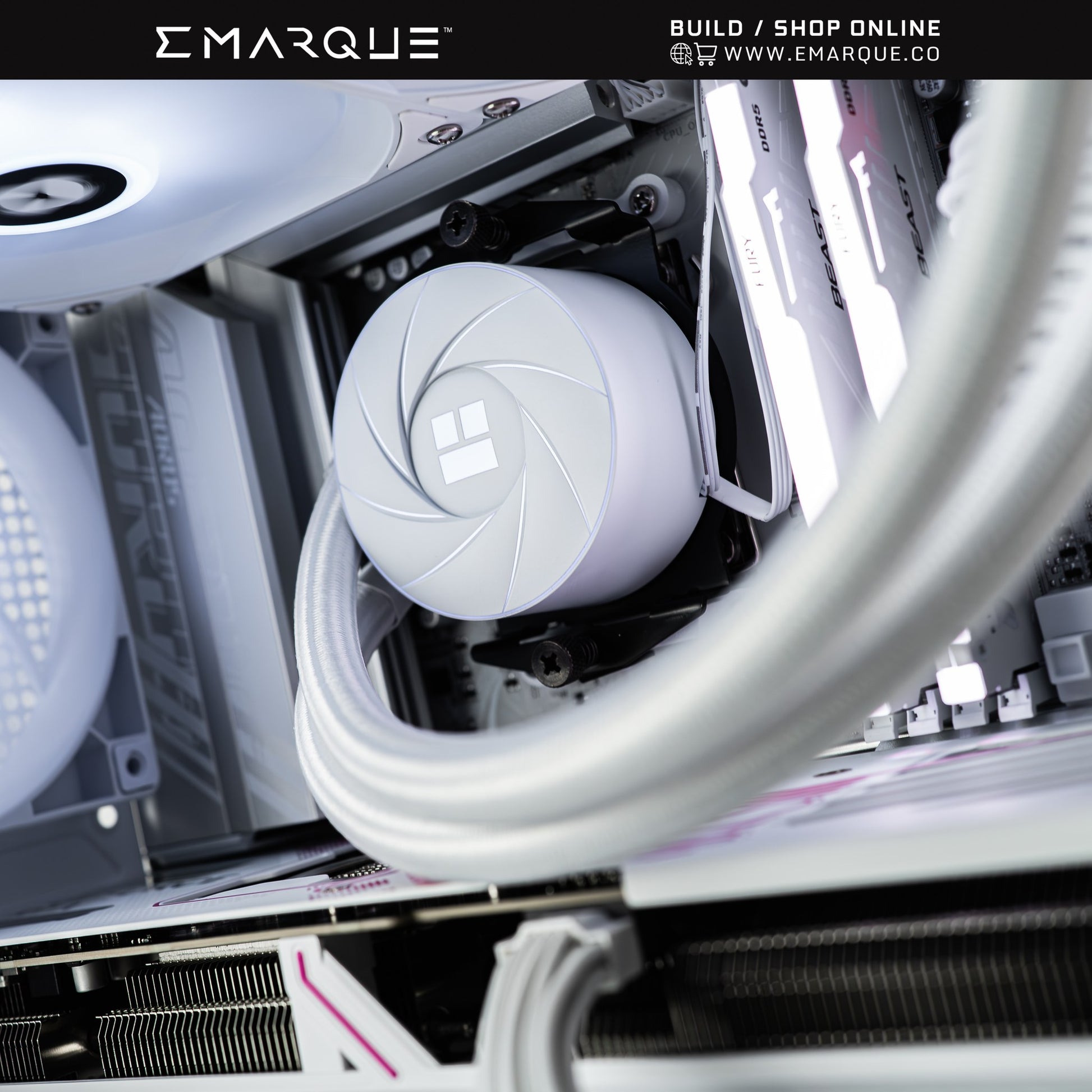 Close-up of high-performance XT White Gaming PC interior featuring advanced cooling and cable management.