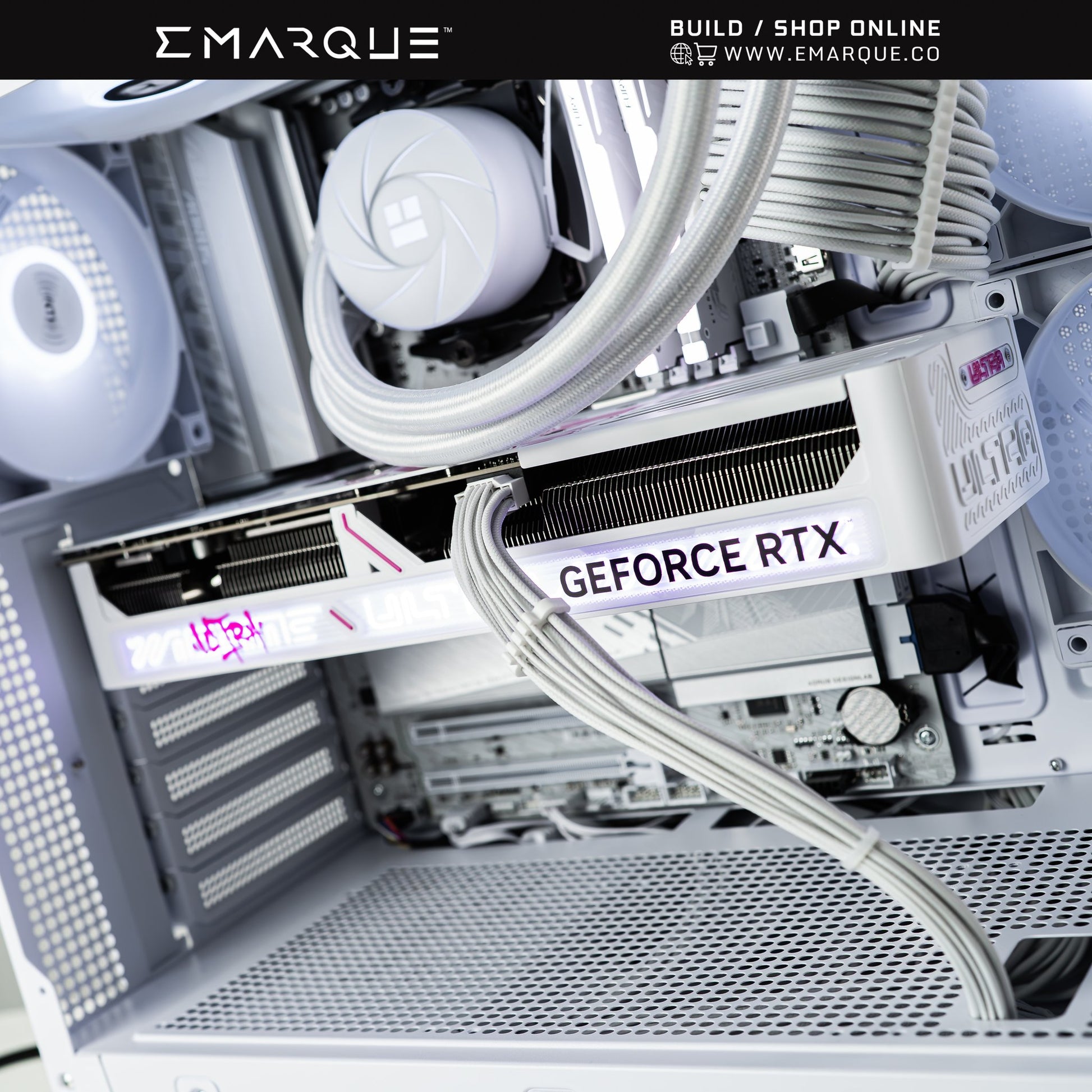 High-performance gaming PC with GeForce RTX GPU, advanced cooling, and sleek white design for ultimate gaming experience.