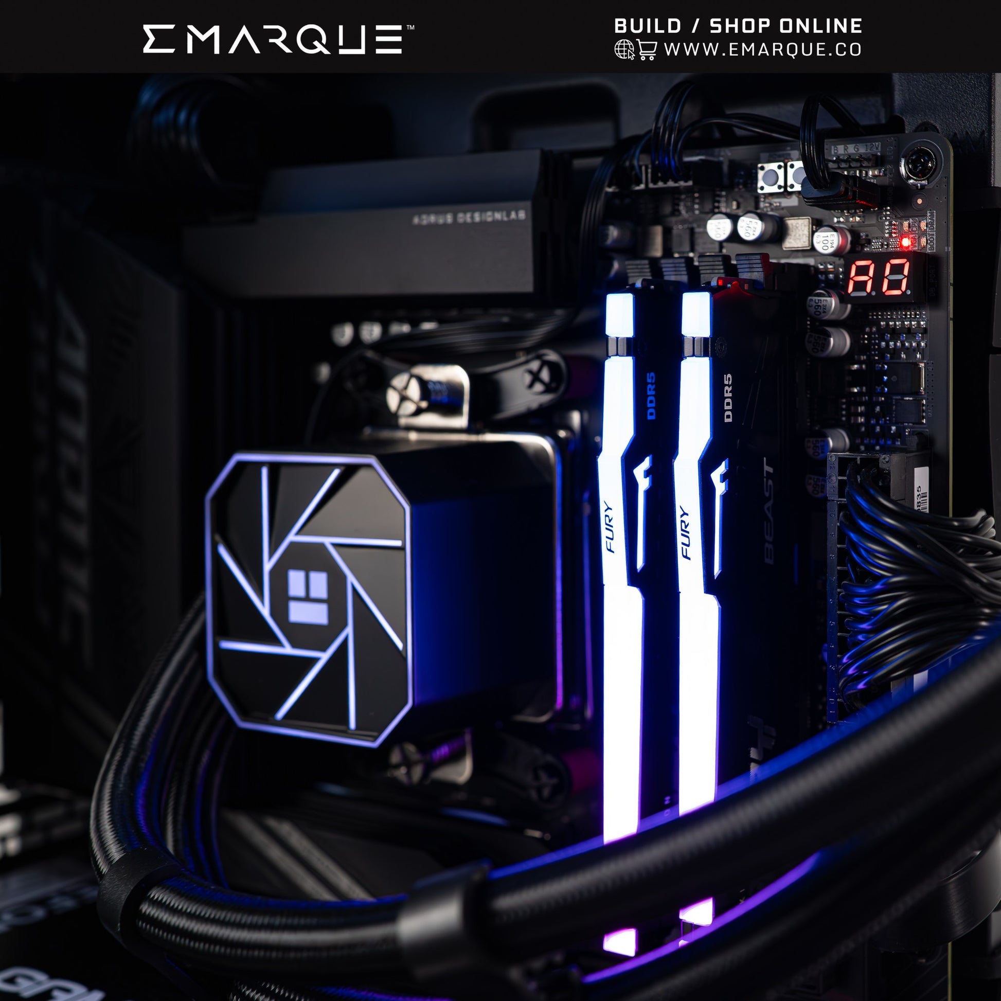 Close-up of AMD Ryzen 7 7800X3D gaming PC build with neon-lit KINGSTON FURY BEAST RGB RAM inside PHANTEKS EVOLV X2 chassis.