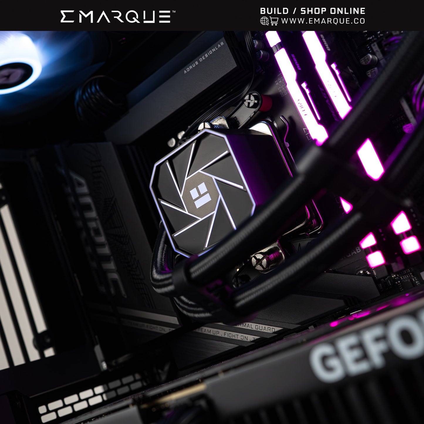 High-performance gaming PC with AMD Ryzen 7 7800X3D, GeForce RTX 5070 TI, and RGB lighting by EMARQUE.