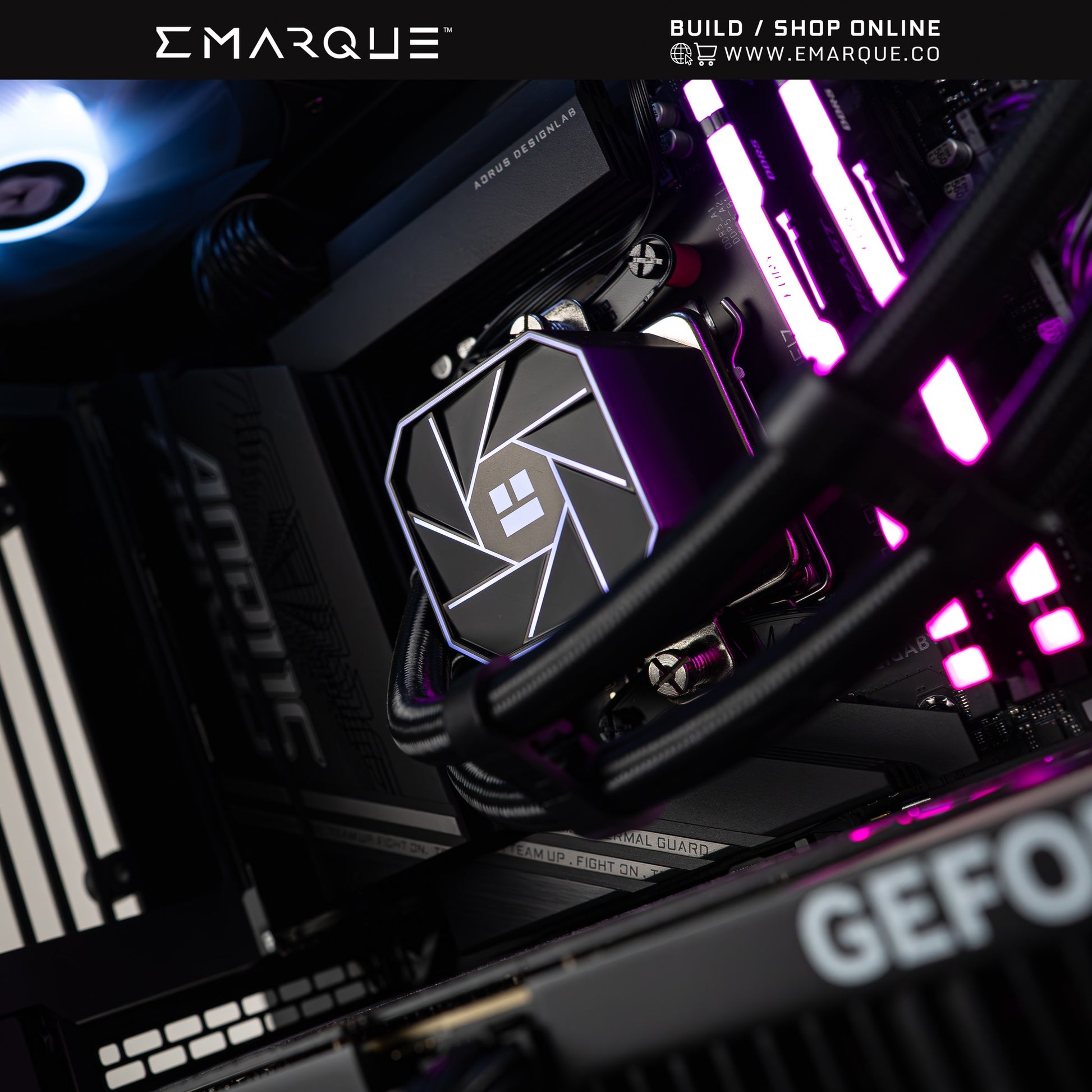 High-performance gaming PC with AMD Ryzen 7 7800X3D, GeForce RTX 5070 TI, and RGB lighting by EMARQUE.