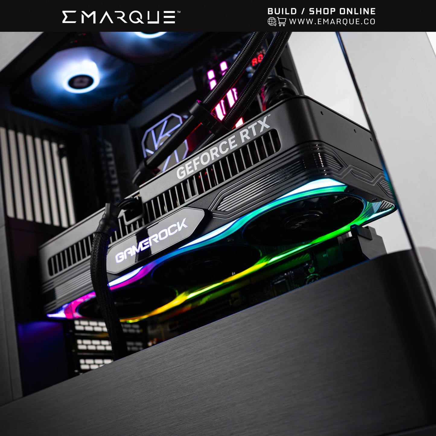 Inside view of gaming PC featuring GeForce RTX 5070 TI graphics card with RGB lighting and sleek design.