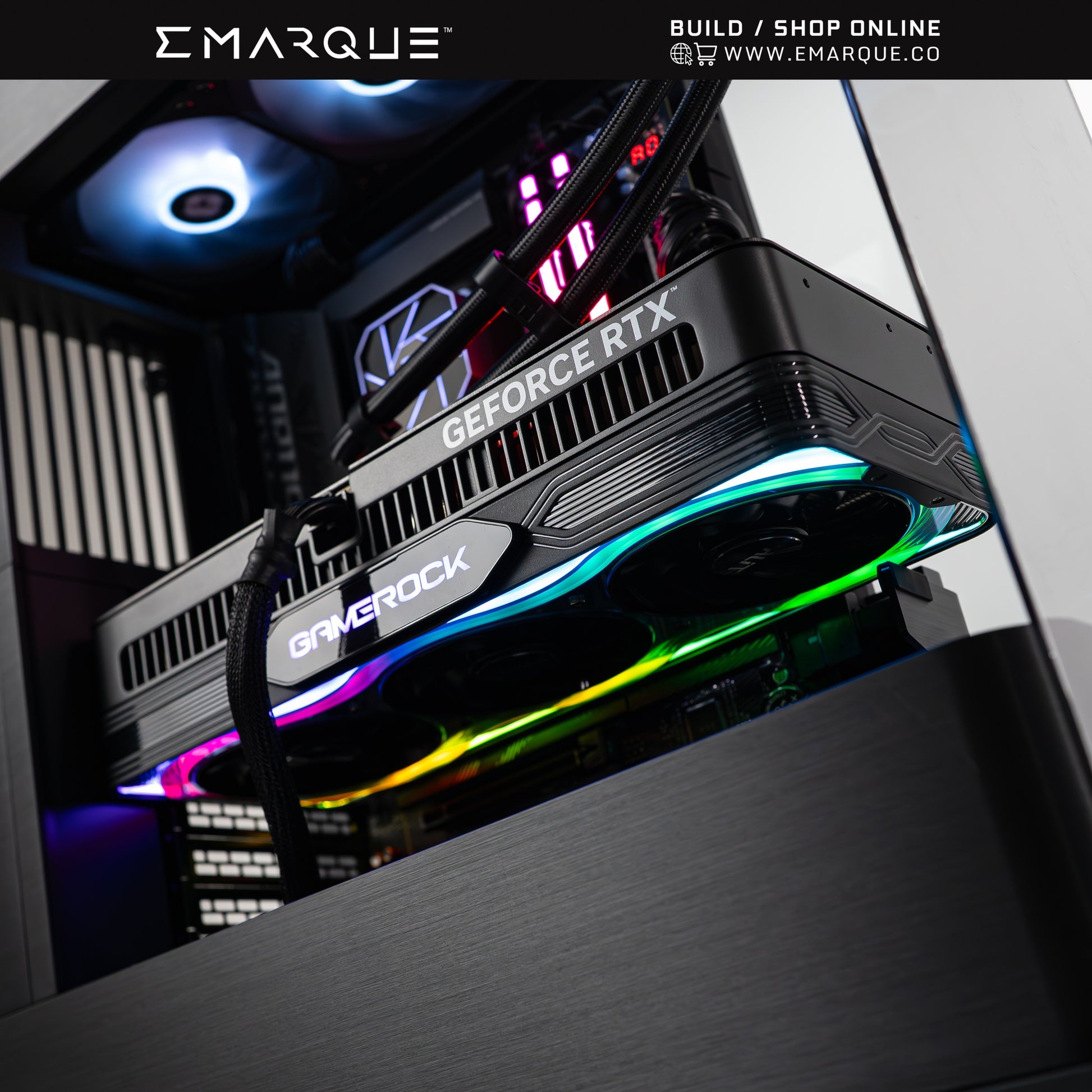 Inside view of gaming PC featuring GeForce RTX 5070 TI graphics card with RGB lighting and sleek design.