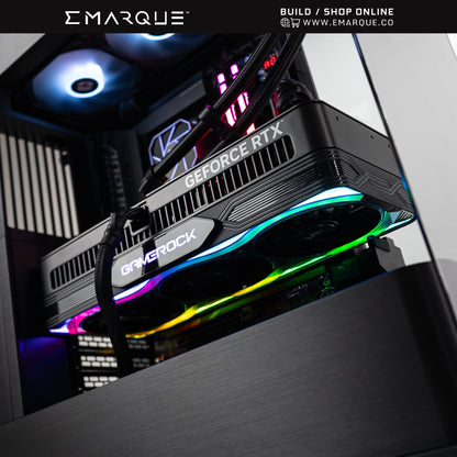 Inside view of gaming PC featuring GeForce RTX 5070 TI graphics card with RGB lighting and sleek design.