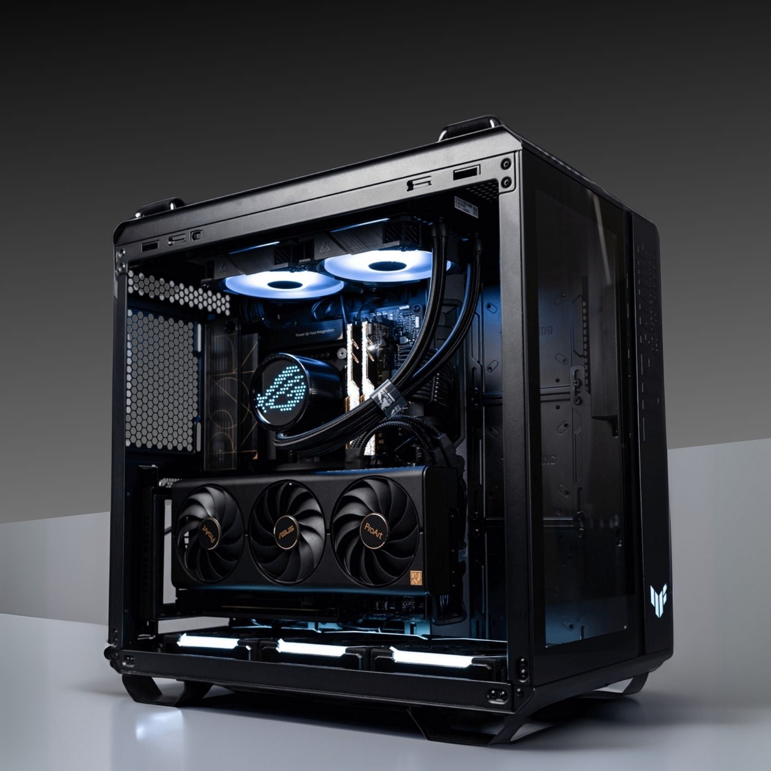TUF GT Gaming PC with AMD Ryzen 7 9800X3D and ASUS TUF GeForce RTX 5080 features dual-chamber design for optimal cooling and performance.