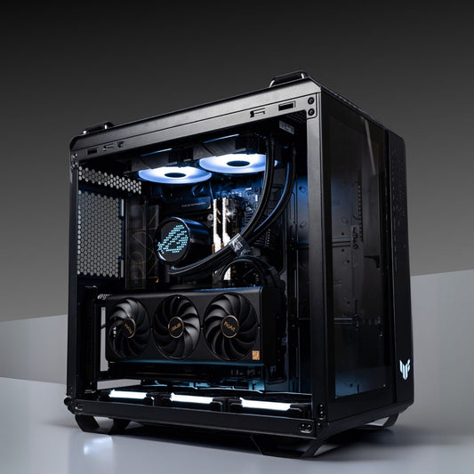 TUF GT Gaming PC with AMD Ryzen 7 9800X3D and ASUS TUF GeForce RTX 5080 features dual-chamber design for optimal cooling and performance.