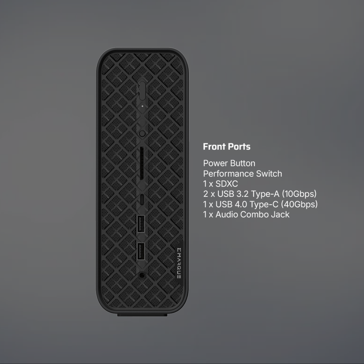 EMARQUE AI Eclipse front ports: power button, performance switch, SDXC card reader, two USB 3.2 Type-A, one USB 4.0 Type-C and an audio combo jack