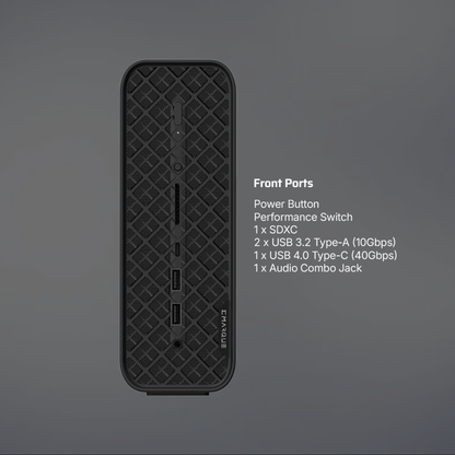 EMARQUE AI Eclipse front ports: power button, performance switch, SDXC card reader, two USB 3.2 Type-A, one USB 4.0 Type-C and an audio combo jack