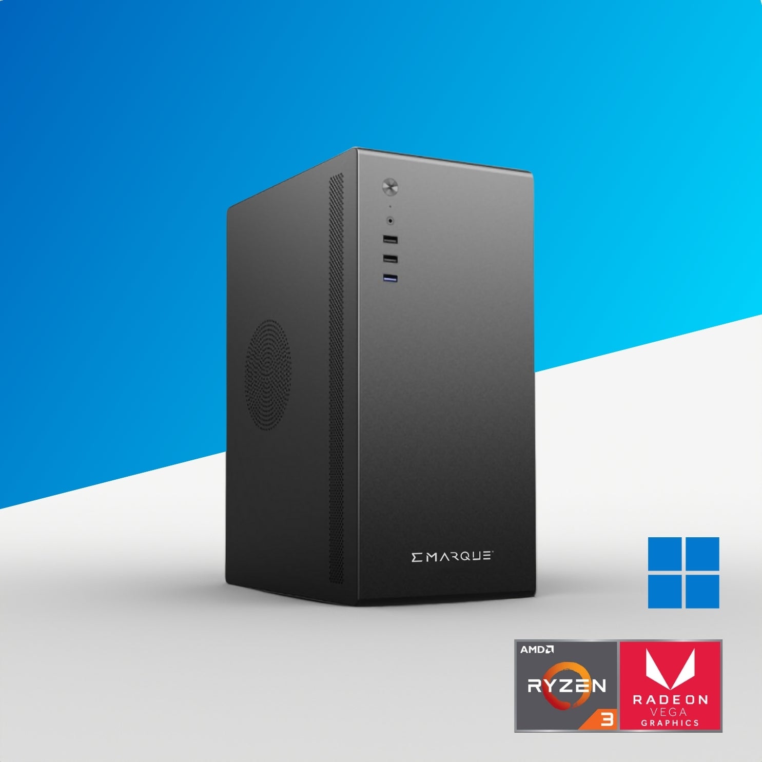 EMARQUE CORE 3 Office Desktop PC with AMD Ryzen 3 3200G and Radeon Vega 8 Graphics, showcased with sleek black chassis.