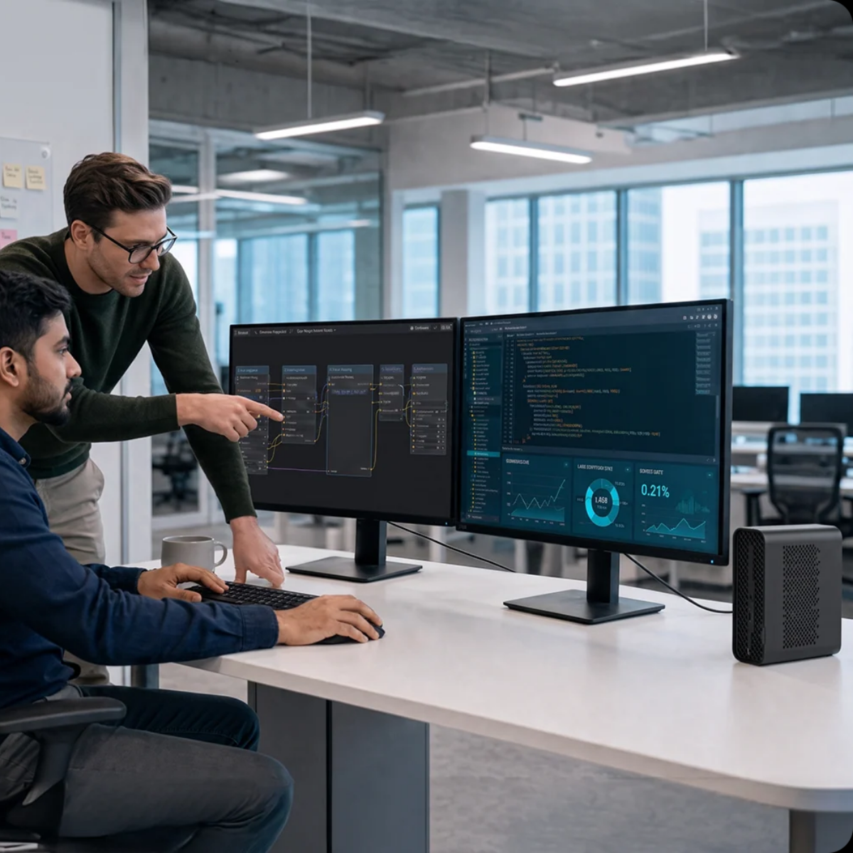 Two colleagues reviewing data dashboards and code on dual monitors, with the EMARQUE AI Eclipse running on the desk beside them
