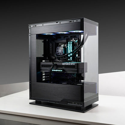 EVOLV PC featuring AMD Ryzen 7 7800X3D, GeForce RTX 5070 TI, in PHANTEKS EVOLV X2 TG DRGB chassis, on white desk.