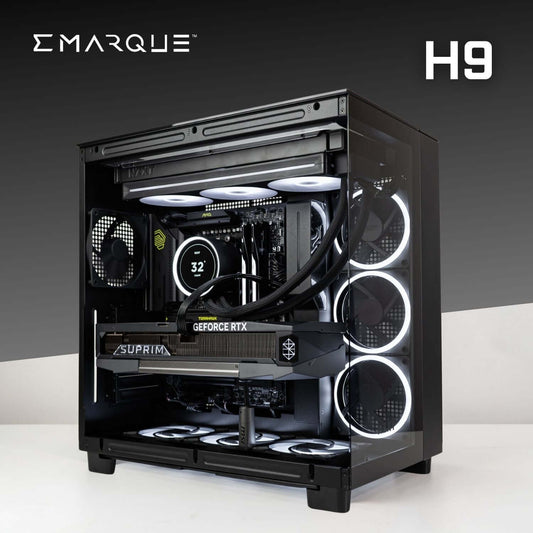 H9 gaming PC with AMD Ryzen 7 9800X3D, GeForce RTX 5090, and stylish NZXT H9 case, ideal for high-performance gaming.