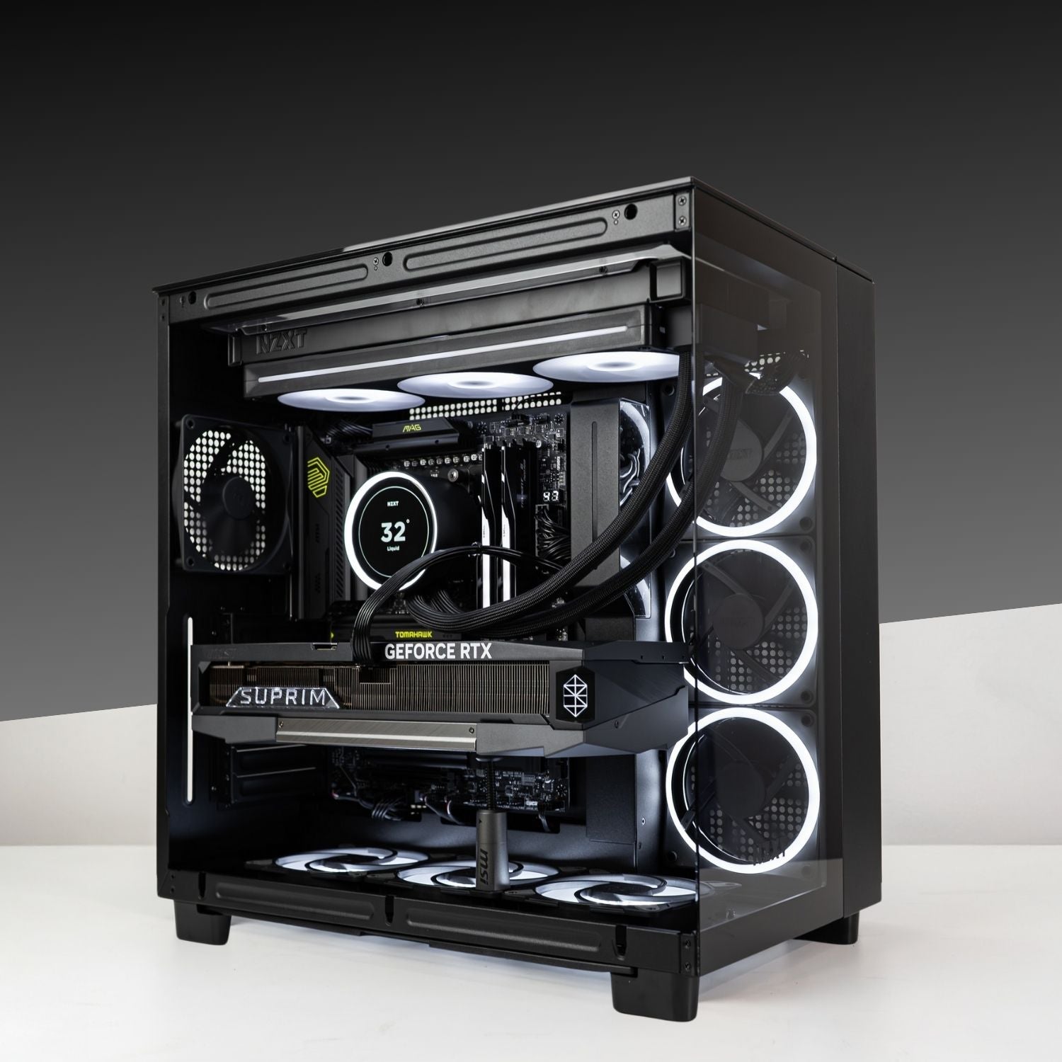 High-performance PC with AMD Ryzen 7 9800X3D, MSI GeForce RTX 5090, NZXT H9 Elite case, and RGB cooling system.