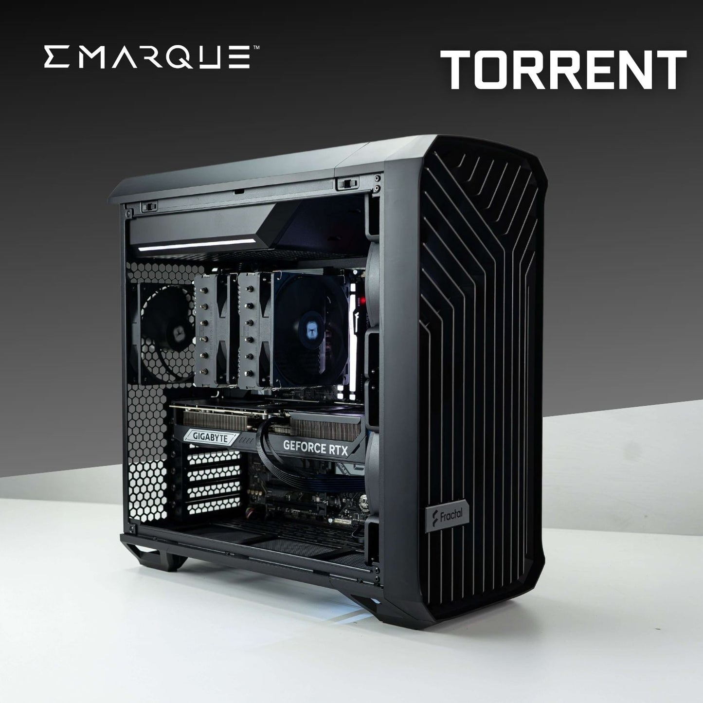 Fractal Design Torrent Compact PC with AMD Ryzen 7 9800X3D and GeForce RTX 5080, featuring RGB lighting and high-performance components.