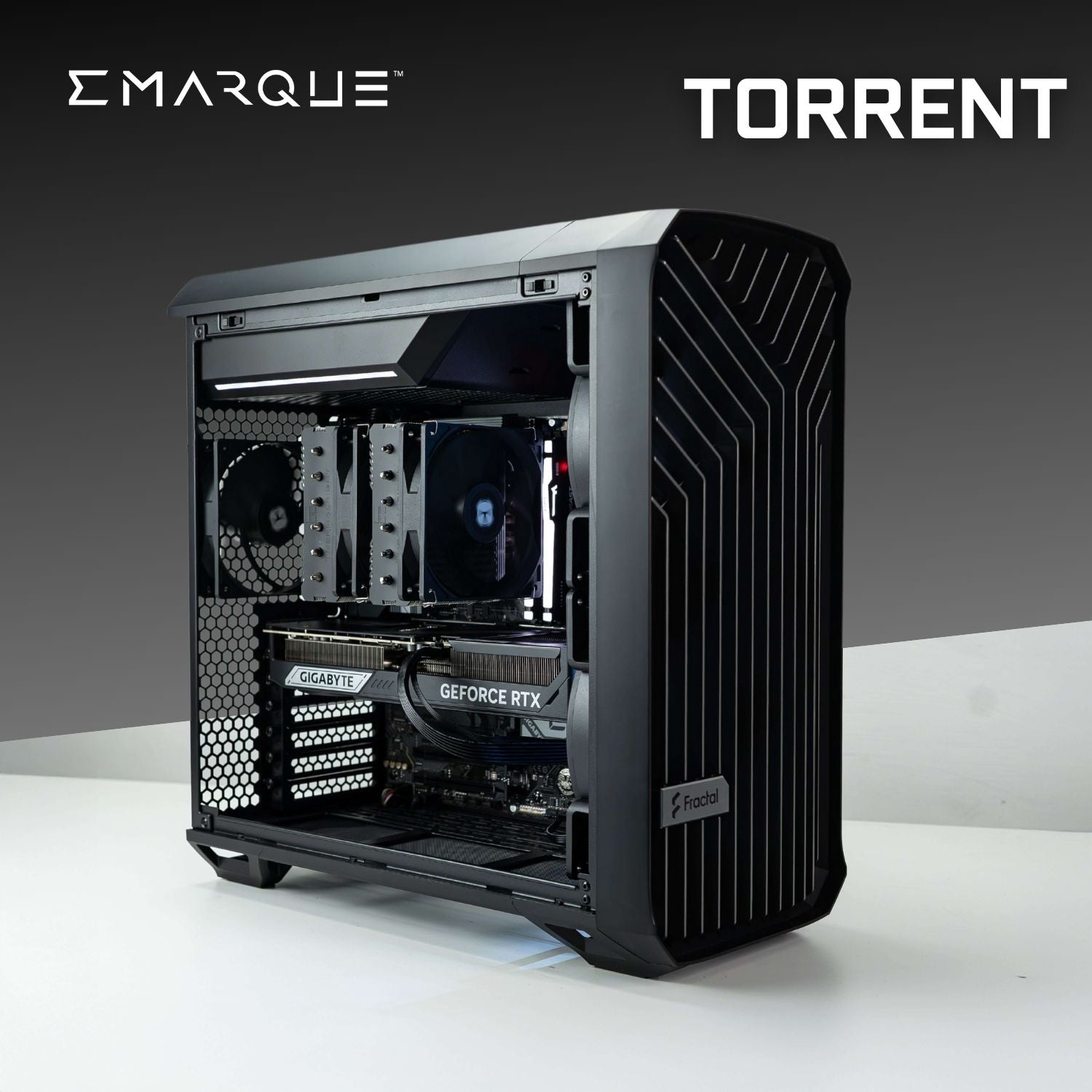 Fractal Design Torrent Compact PC with AMD Ryzen 7 9800X3D and GeForce RTX 5080, featuring RGB lighting and high-performance components.