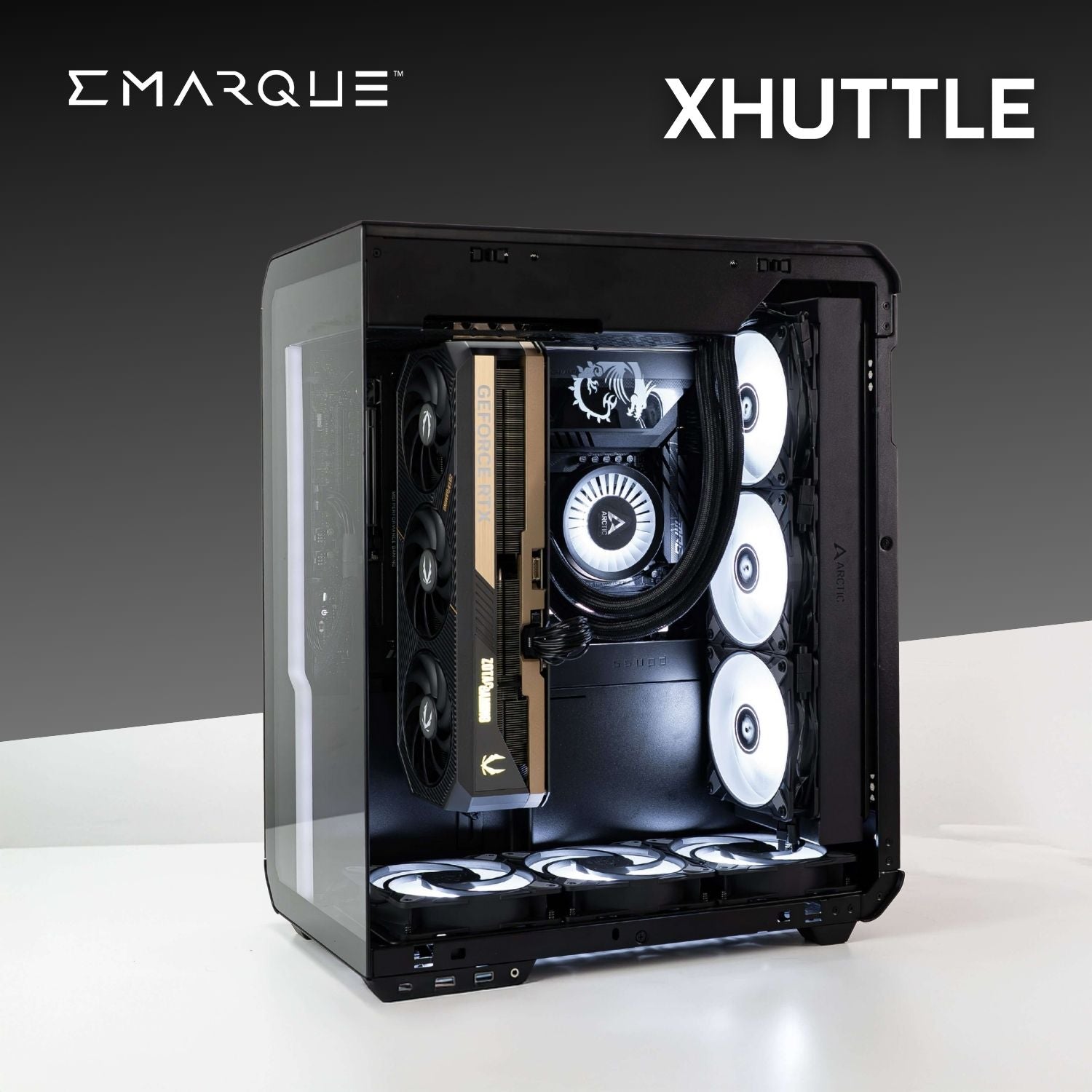 XHUTTLE PC featuring AMD Ryzen 7 9800X3D, GeForce RTX 5090, 32GB RAM, housed in SSUPD Xhuttle Dual Chamber ATX Case - Black.