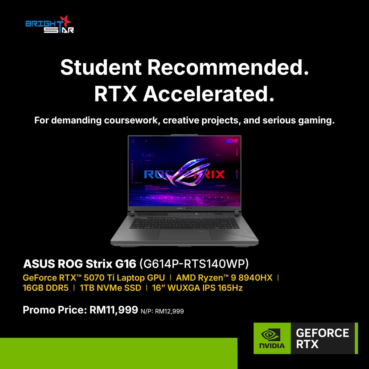 ASUS ROG Strix G16 16" 2.5K 300Hz Gaming Laptop (NVIDIA GeForce RTX 5070 Ti, AMD Ryzen 9 8940HX, 16GB RAM, 1TB SSD) [G614P-RTS140WP]
