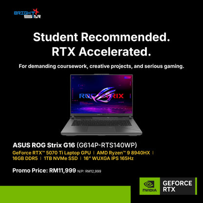 ASUS ROG Strix G16 16" 2.5K 300Hz Gaming Laptop (NVIDIA GeForce RTX 5070 Ti, AMD Ryzen 9 8940HX, 16GB RAM, 1TB SSD) [G614P-RTS140WP]