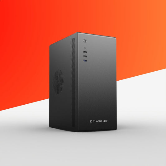 EMARQUE CORE 5 Office Desktop PC with AMD Ryzen 5 5600G and Radeon Vega 7, sleek design with black case against an orange and white background.