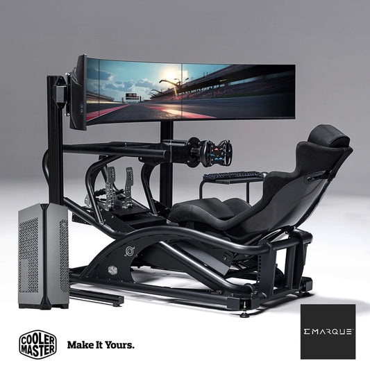 DynX Racing Simulator with NCORE PC & GM27-CQS x3, featuring Cooler Master technology for immersive sim racing experience
