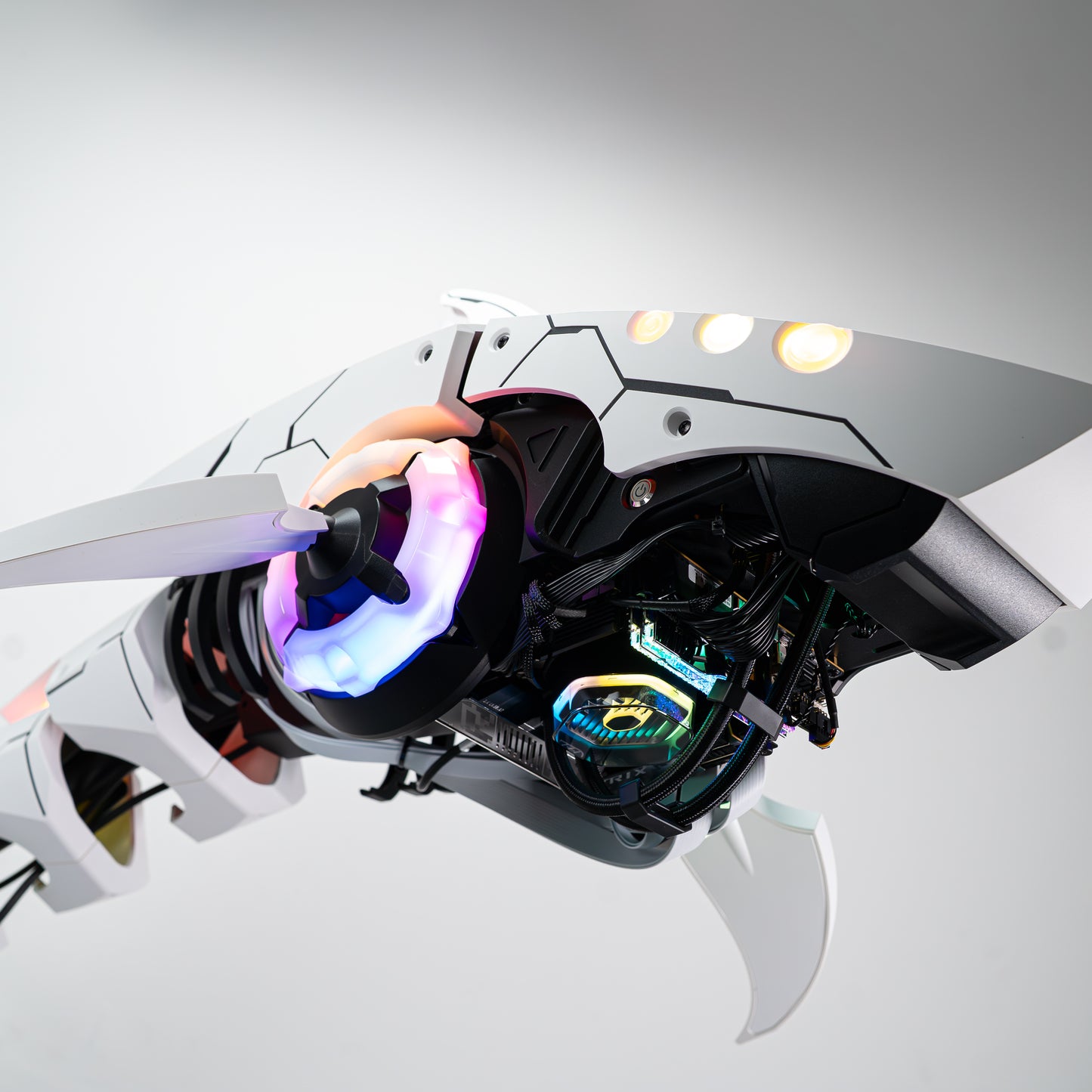 Innovative APEX Shark X PC with Intel Core Ultra 9, GeForce RTX 5080, sleek design and RGB lighting for a standout tech setup.