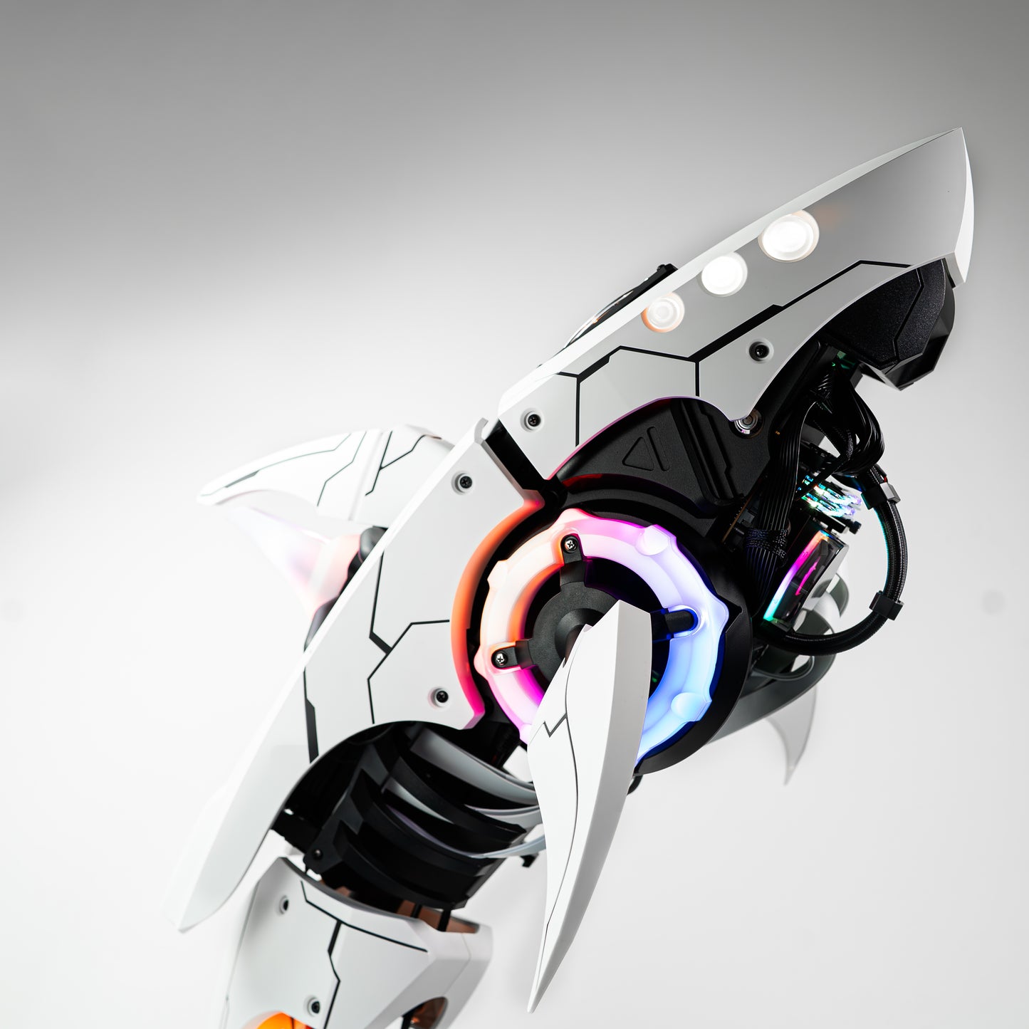 APEX Shark X PC with Intel Core Ultra 9, RTX 5080, sleek shark design, LED accents, unique gaming setup, conversation piece, tech art.