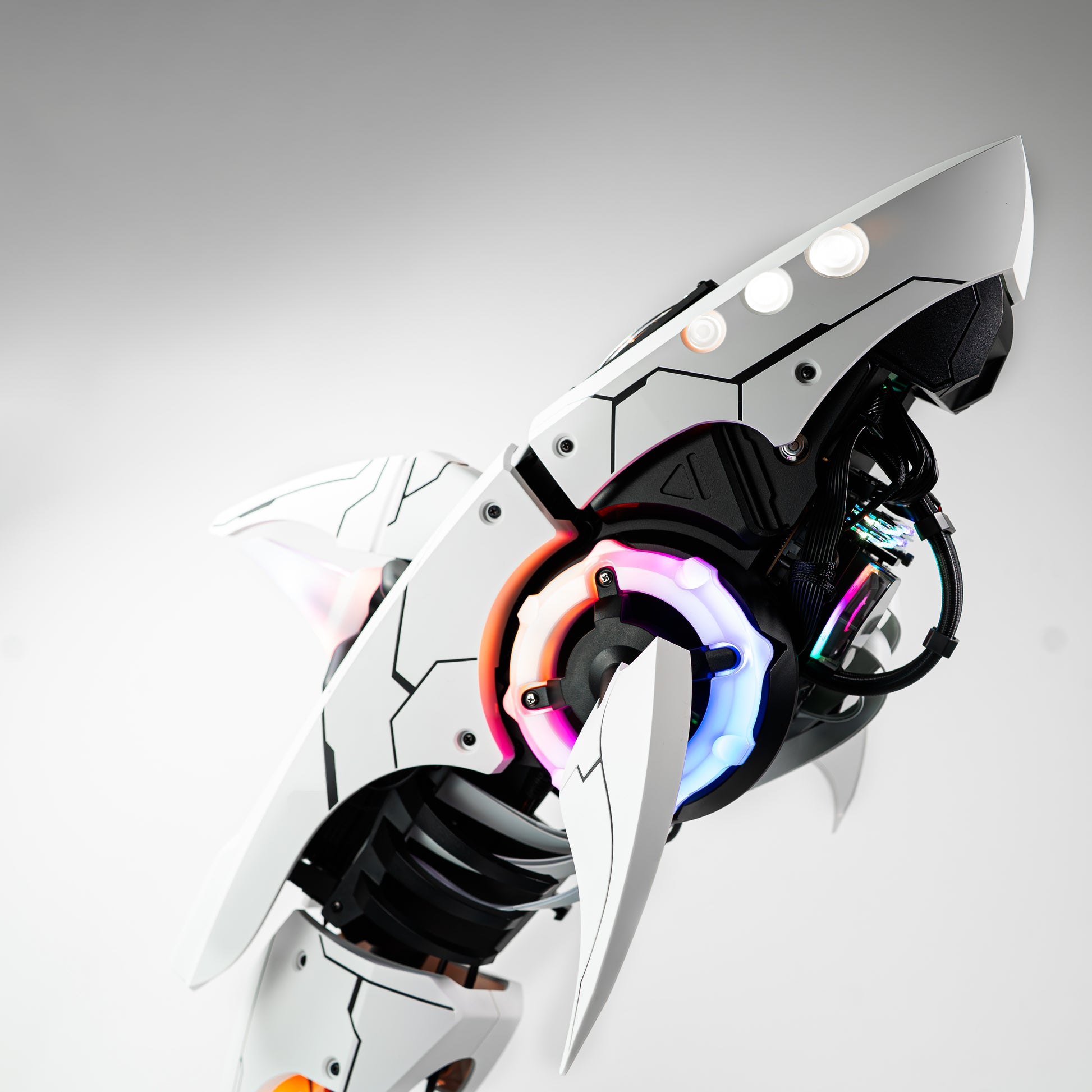APEX Shark X PC with Intel Core Ultra 9, RTX 5080, sleek shark design, LED accents, unique gaming setup, conversation piece, tech art.