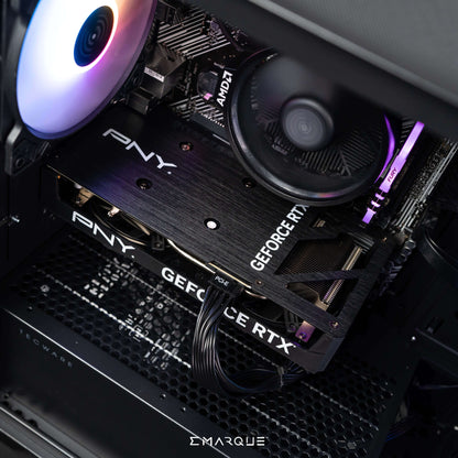 Inside view of EMARQUE workstation PC with GeForce RTX, Ryzen 5 processor, and colorful cooling fan.