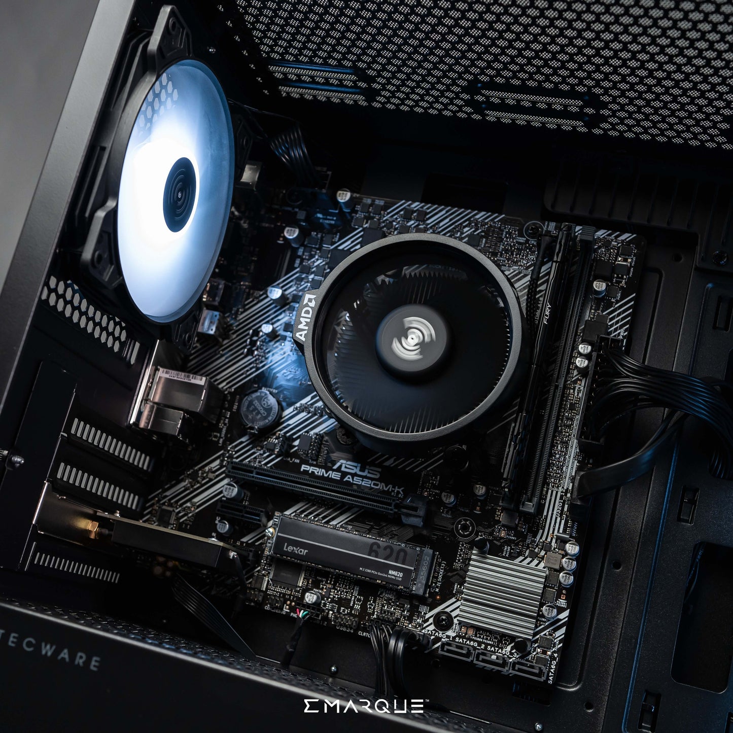Interior of EMARQUE Gaming PC featuring AMD Ryzen 7 8700G processor and Radeon 780M graphics inside Tecware NEO M2 case.