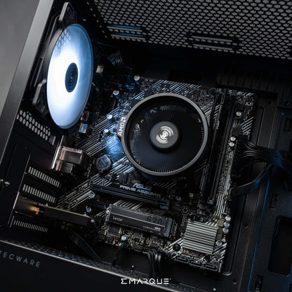 Interior of EMARQUE Gaming PC featuring AMD Ryzen 7 8700G processor and Radeon 780M graphics inside Tecware NEO M2 case.