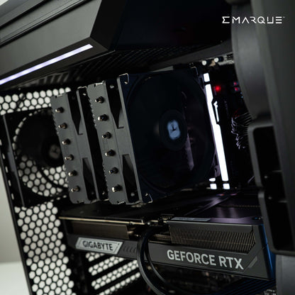 High-performance gaming PC setup with AMD Ryzen 7 9800X3D CPU and GeForce RTX 5080 GPU, featuring advanced cooling and RGB elements.