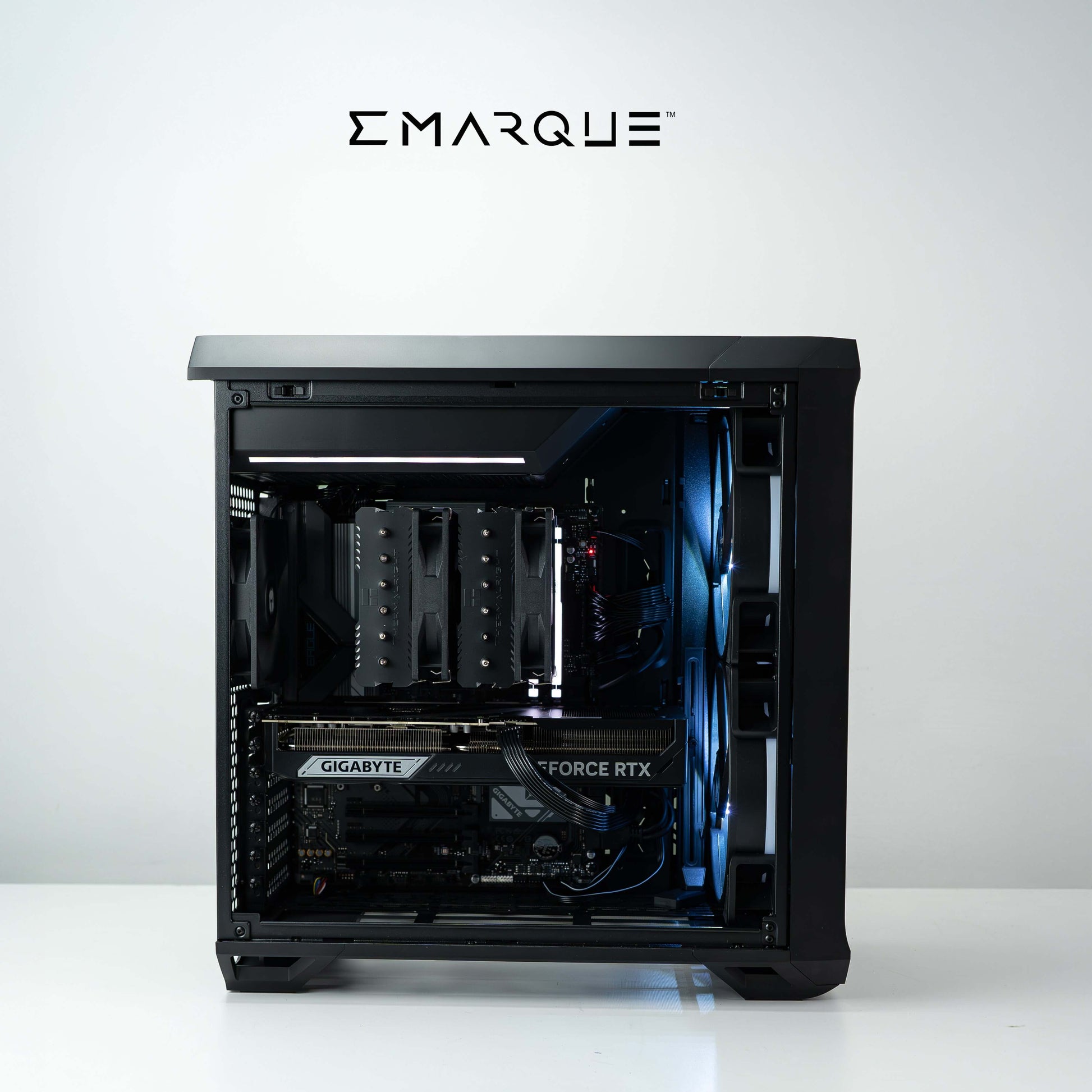 High-performance desktop PC with AMD Ryzen 7 9800X3D CPU and GeForce RTX 5080 GPU in Fractal Design case, side view.