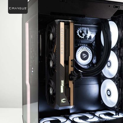 EMARQUE Xhuttle gaming PC with AMD Ryzen 7 9800X3D CPU, ZOTAC GeForce RTX 5090 GPU, and Arctic Liquid Freezer III cooling in black case.