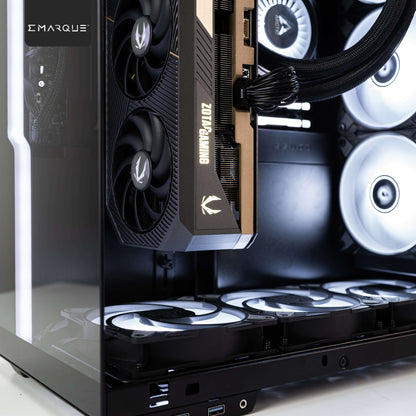 Close-up of EMARQUE Xhuttle PC with ZOTAC GAMING GeForce RTX 5090 GPU inside SSUPD Xhuttle Dual Chamber ATX Case.