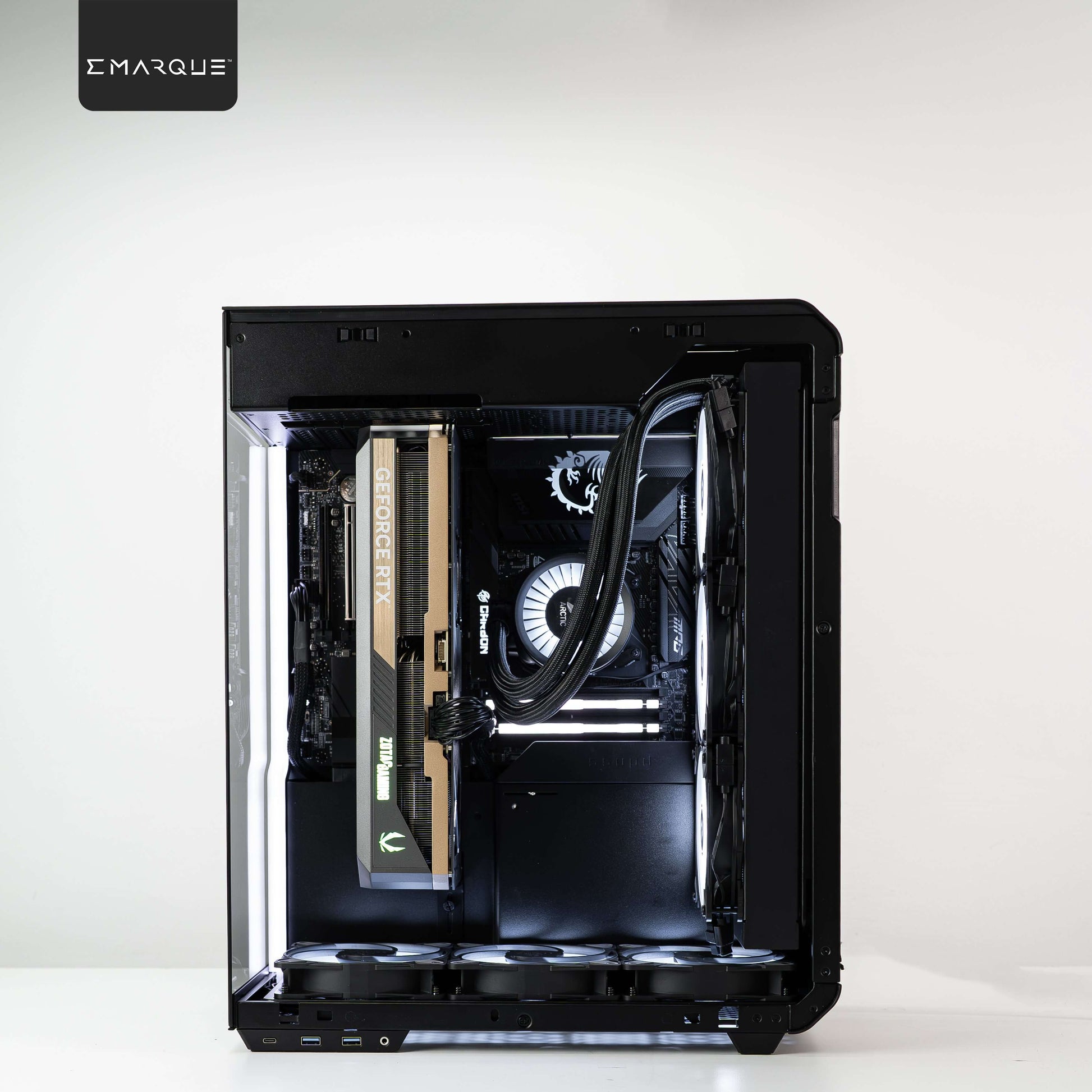 EMARQUE Xhuttle AMD Ryzen 7 9800X3D, GeForce RTX 5090 gaming PC in SSUPD dual chamber ATX case, side view.